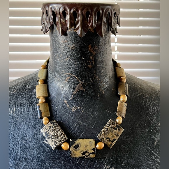 Jasper and Gold Pearl 18” Necklace and Earrings Set Sterling Silver - Picture 4 of 11